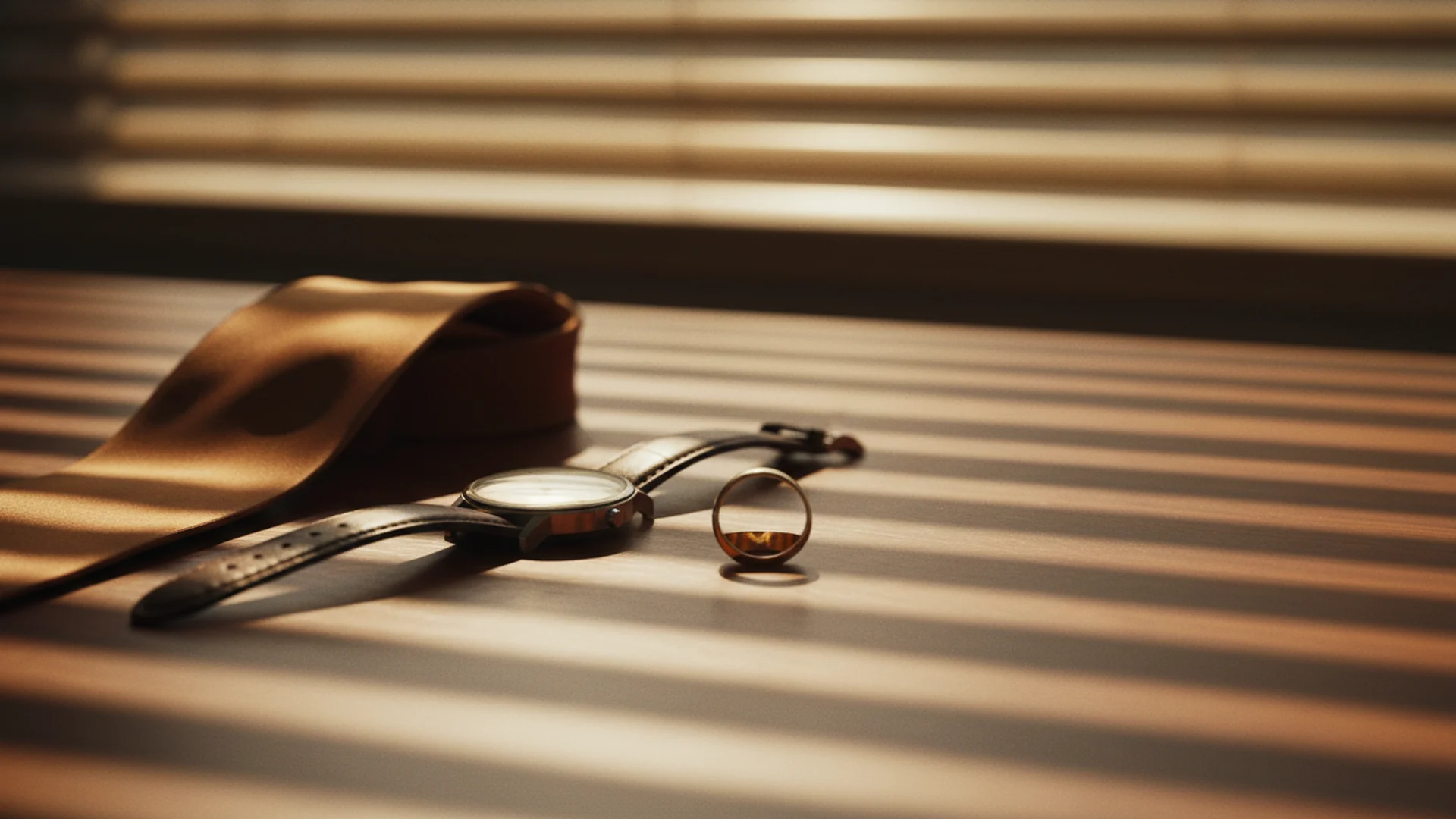 Despacho de oficina moderna al atardecer con luz dorada filtrada por persianas y un anillo de matrimonio sobre la mesa.