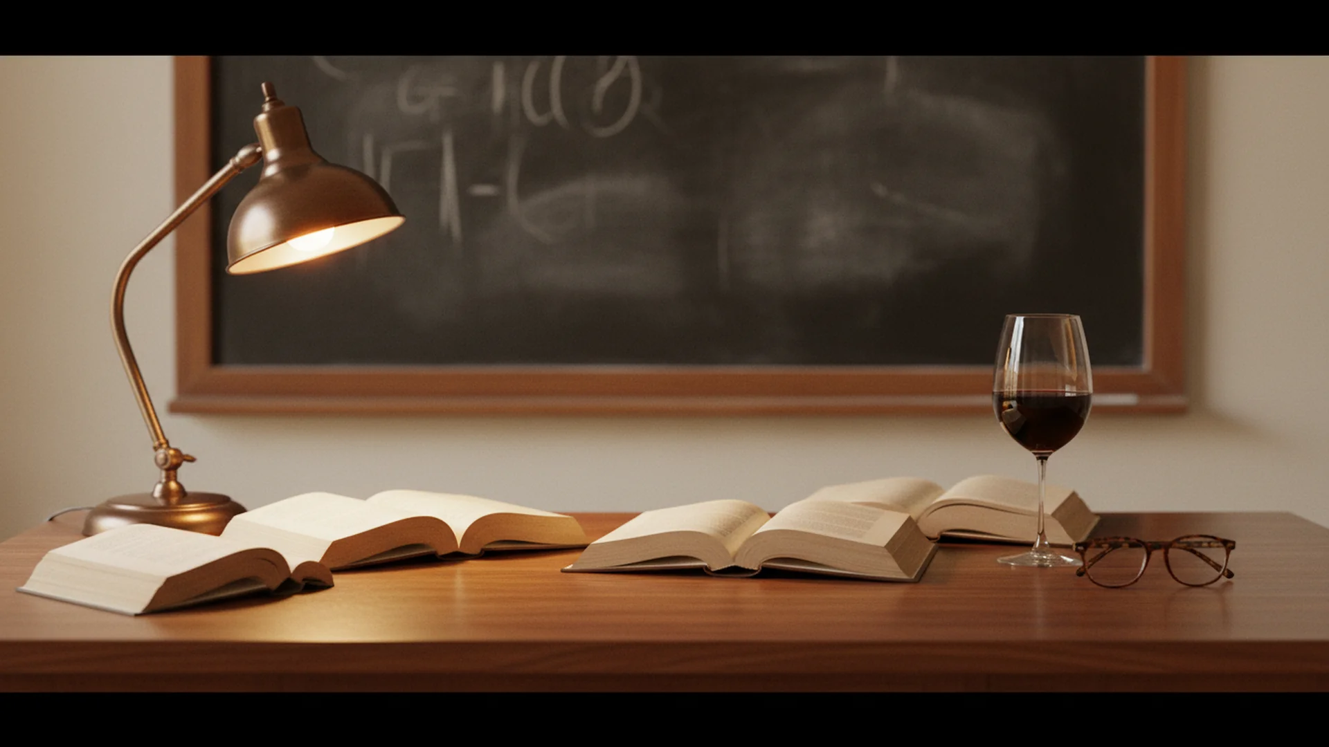 Aula universitaria al final de la tarde con libros sobre la mesa y una lámpara cálida iluminando dos sillas vacías.